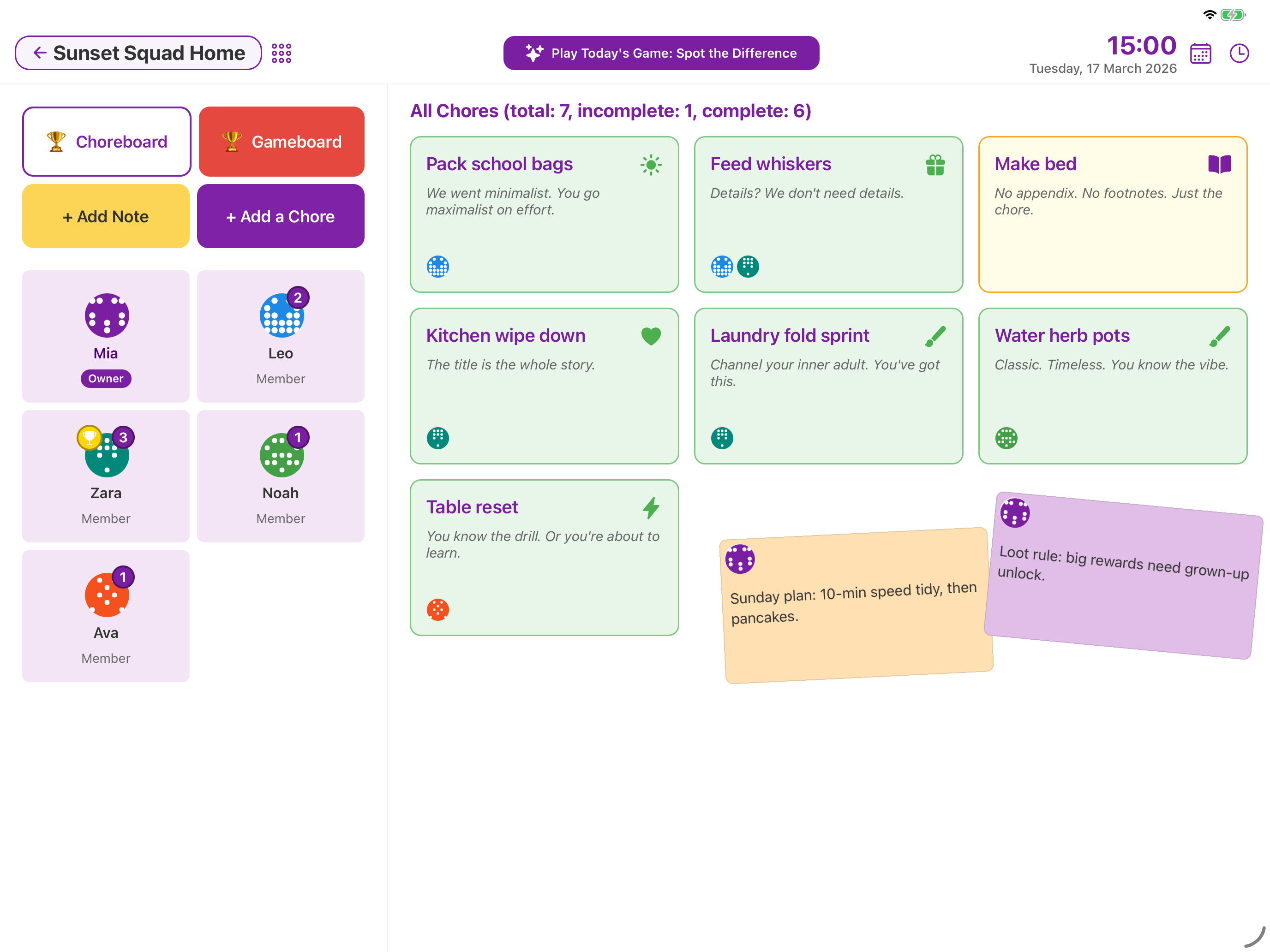Chorish iPad app main dashboard showing member cards, chore list, and Choreboard