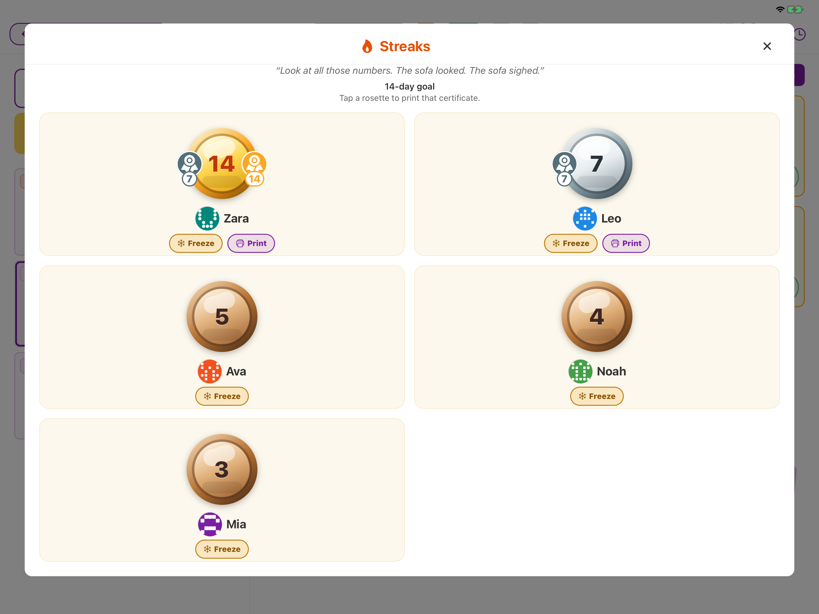 Chorish Streaks board with bronze, silver, and gold medals for day streaks