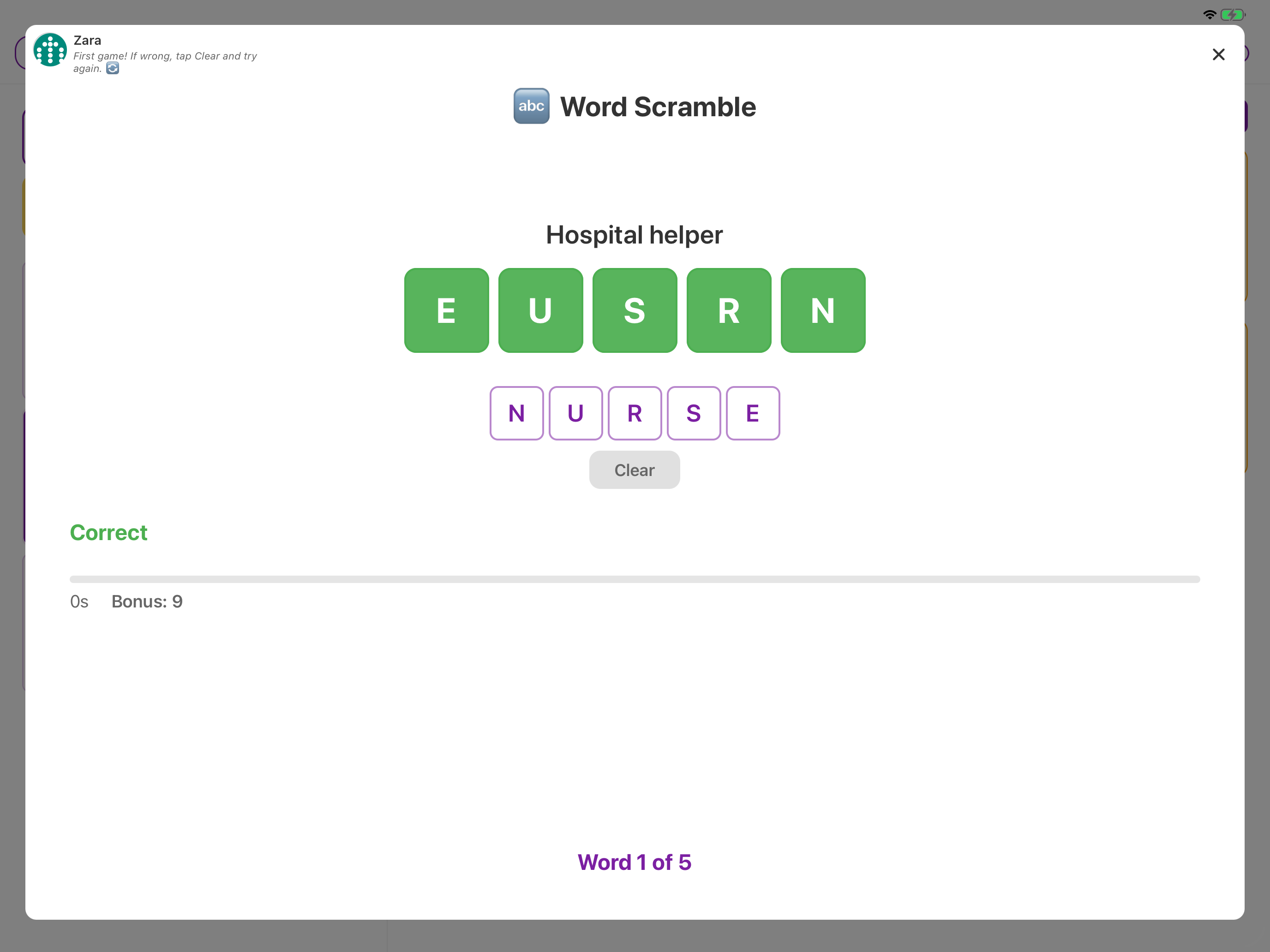 Word Scramble — tap letter tiles in order to spell the word